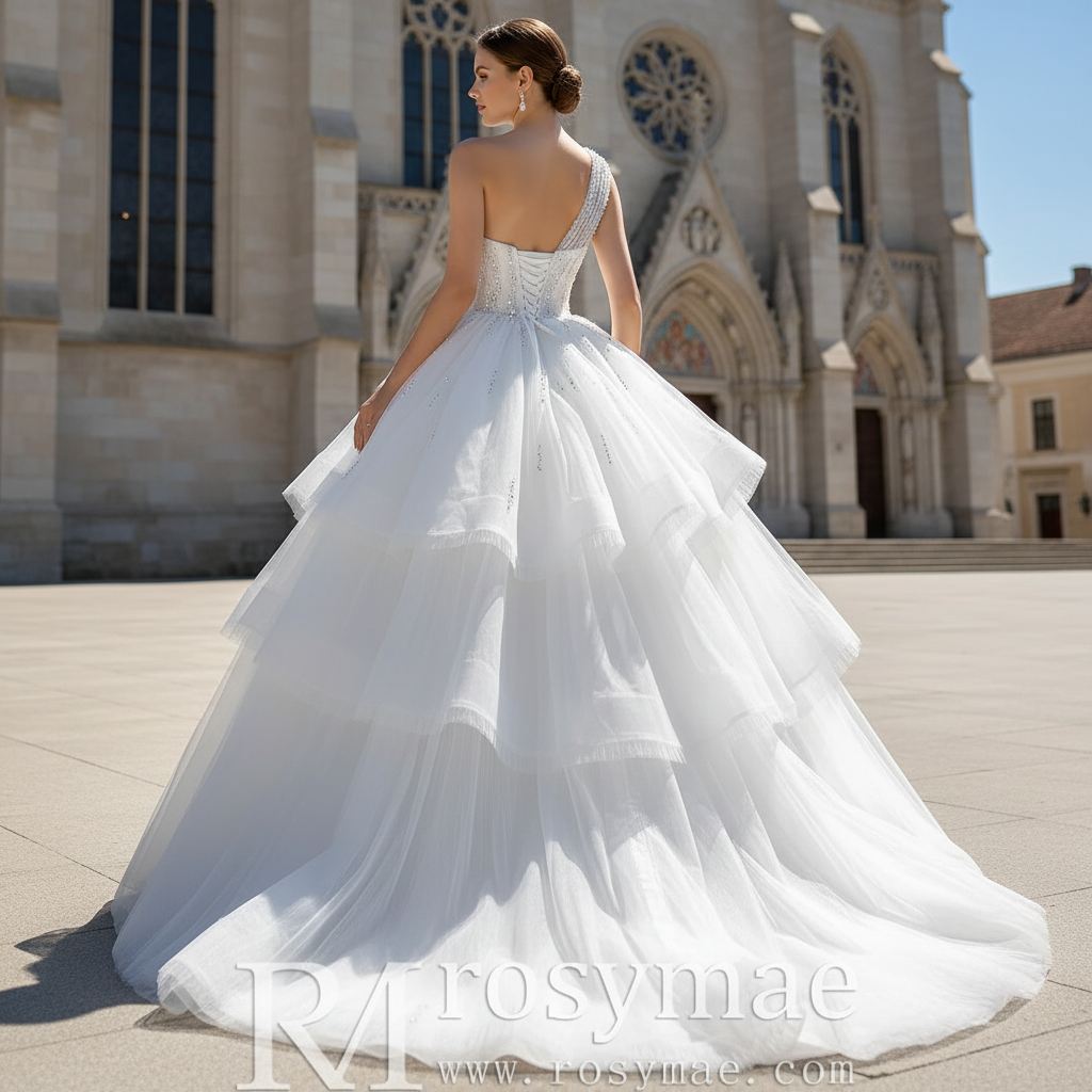 layered tulle wedding dress Layered Tulle Ball Gown Wedding Dress with One Shoulder White / 20W