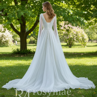 Beaded Cape Sleeve Wedding Dress V-neck Bridal Gown with Vneck
