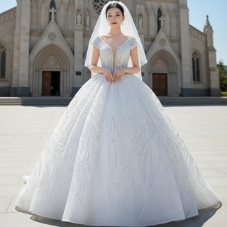 Sparkly Off the Shoulder Ball Gown Puffy Wedding Dress