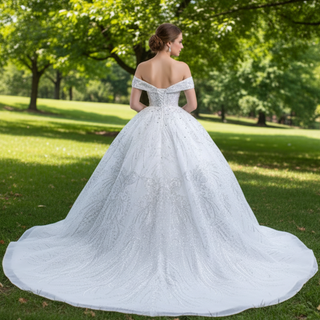 Sparkly Off the Shoulder Ball Gown Puffy Wedding Dress