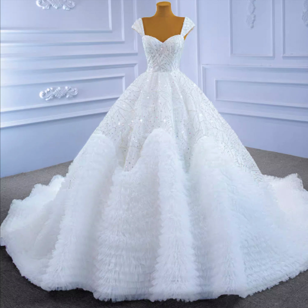Beaded Strapless Lace Ball Gown Puffy Wedding Dress