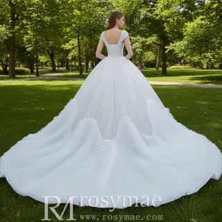 Luxury Beaded Ruffled Puffy Ball Gown Wedding Dress with Off the Shoulder