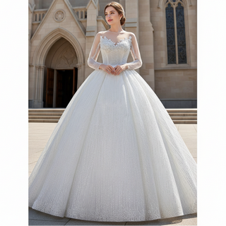 High-end Ball Gown Sparkly Wedding Dress with Long Sleeve