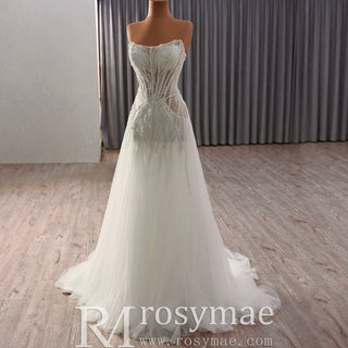 Sexy A-Line Beading Sequins Princess Sheer Wedding Dresses
