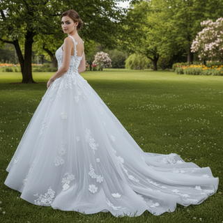 Vintage 3D Floral Ball Gown Wedding Dress with Wide Straps