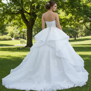 Strapless Wedding Gown Lace Appliqued Ruffle Wedding Dress