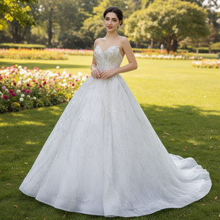 Beaded Lace Apliqued Ball Gown Wedding Dress Strapless Bridal Gown