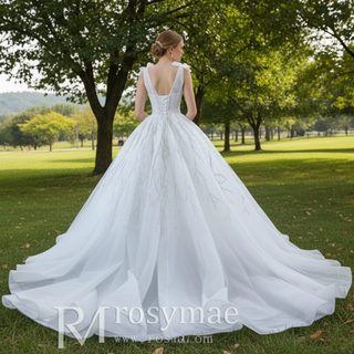 Luxury Tulle Ball Gown Wedding Dresses with V-neck