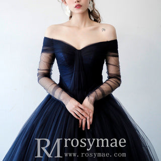 Womens Navy Blue Dresses for Wedding with Off Shoulder Long Sleeves