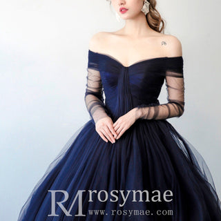 Womens Navy Blue Dresses for Wedding with Off Shoulder Long Sleeves