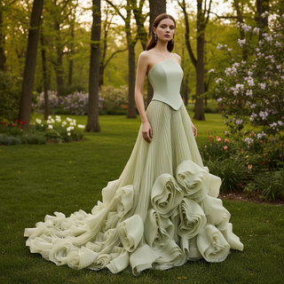 Elegant Strapless Ruffles Long Formal Dress Prom Gown With 3D Flowers