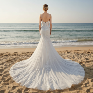 Classy & Elegant Blue Trumpet Wedding Dress with Spaghetti Strap