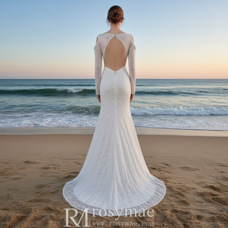 Floral Lace Mermaid Wedding Dress with Off the Shoulder Long Sleeve