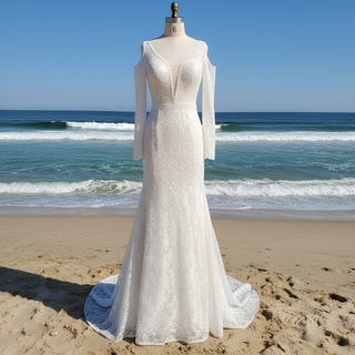 Floral Lace Mermaid Wedding Dress with Off the Shoulder Long Sleeve