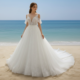 Women Off Shoulder Keyhole A Line Wedding Dress with Flutter Sleeve