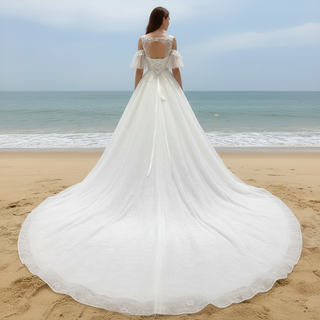 Women Off Shoulder Keyhole A Line Wedding Dress with Flutter Sleeve Ivory / 12 Women Off Shoulder Keyhole A Line Wedding Dress with Flutter Sleeve Ivory / 12