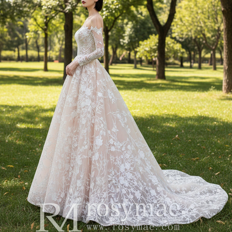 Off the Shoulder Long Sleeve Lace Champagne Wedding Dress with Sleeves Rosymae Off the Shoulder Long Sleeve Lace Champagne Wedding Dress with Sleeves Rosymae