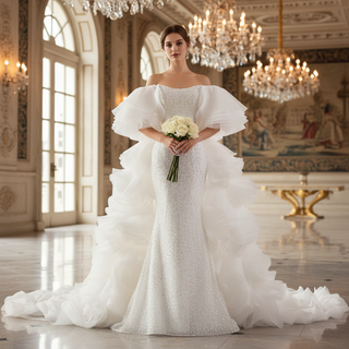 Unique Design Sparkly Mermaid Wedding Dress With Cape train