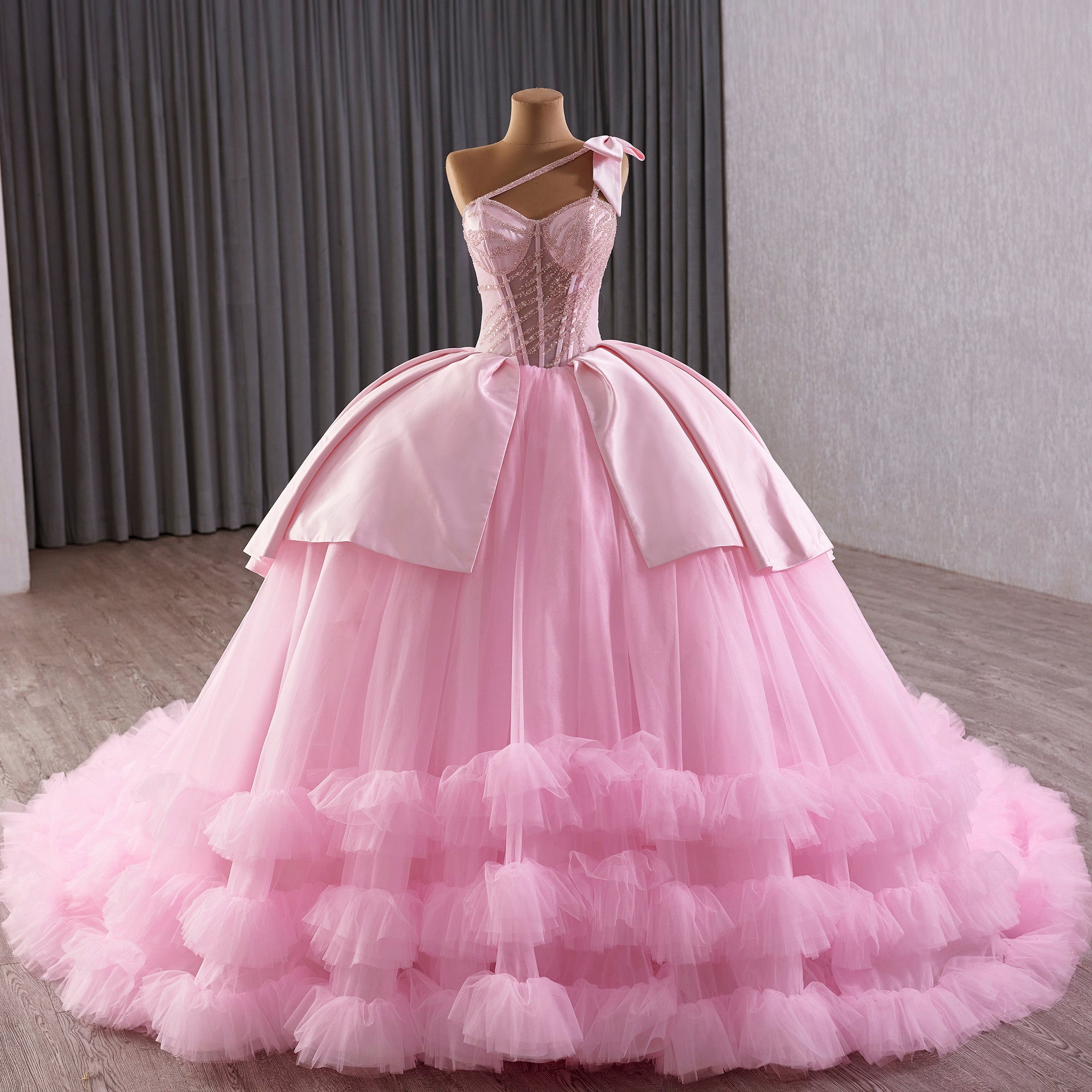 Elegant Pink One Shoulder Asymmetrical Neckline Quinceanera Dresses Pink / 28W Elegant Pink One Shoulder Asymmetrical Neckline Quinceanera Dresses Pink / 28W