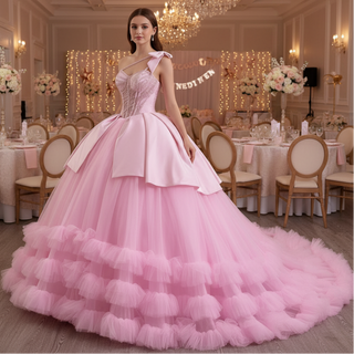 Elegant Pink One Shoulder Asymmetrical Neckline Quinceanera Dresses