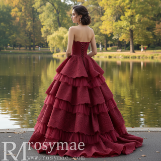 Strapless Multi Tiered & Ruffled Prom Dresses with Floral Lace