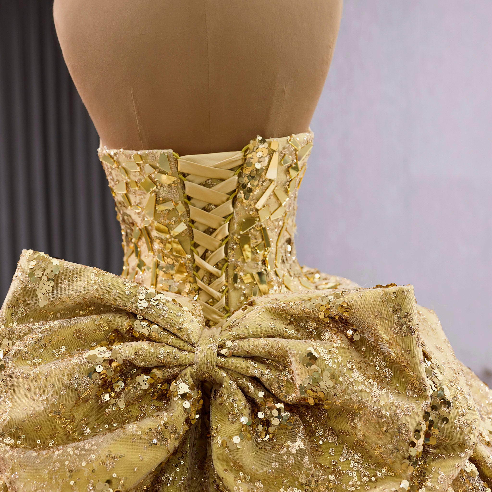 Strapless Gold Sparkly Princess Quinceaera Ball Gown with Bowknot Rosymae Strapless Gold Sparkly Princess Quinceaera Ball Gown with Bowknot Rosymae