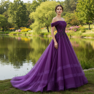 Off the Shoulder Purple A-line Tulle Prom Dress Evening Gown