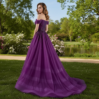 Off the Shoulder Purple A-line Tulle Prom Dress Evening Gown