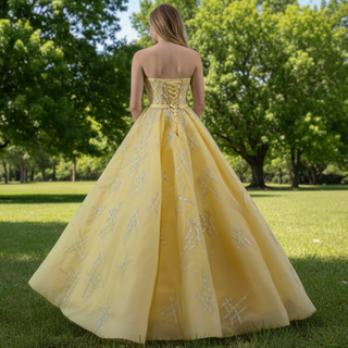 Yellow-Tulle-Strapless-Sequins-Beading-Prom-Gown