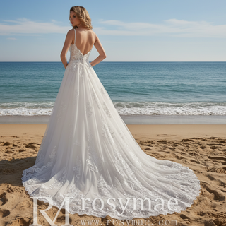 Trendy Plunging Spaghetti Straps A-line Lace Tulle Wedding Dress