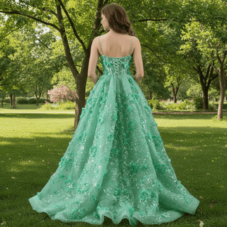 A-line 3D Flower Lace Prom Dress Formal Dress with Spaghetti Strap - Rosymae