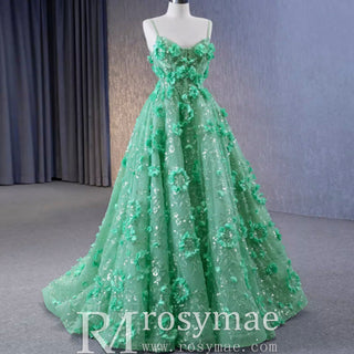 A-line 3D Flower Lace Prom Dress Formal Dress with Spaghetti Strap - Rosymae
