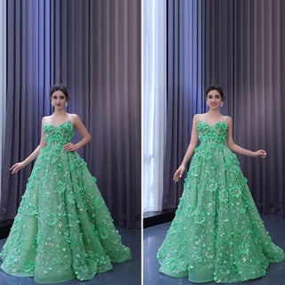 A-line 3D Flower Lace Prom Dress Formal Dress with Spaghetti Strap - Rosymae