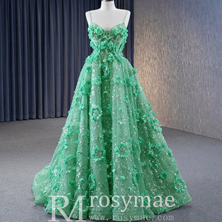 A-line 3D Flower Lace Prom Dress Formal Dress with Spaghetti Strap - Rosymae