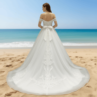 A-line Beaded Floral Lace Applique Wedding Dress with Off Shoulder - Rosymae