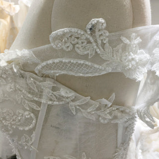 A-line Beaded Floral Lace Applique Wedding Dress with Off Shoulder - Rosymae