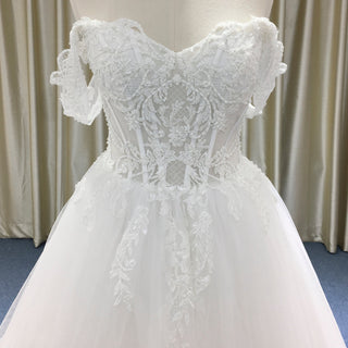 A-line Beaded Floral Lace Applique Wedding Dress with Off Shoulder - Rosymae