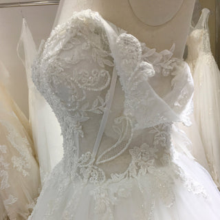 A-line Beaded Floral Lace Applique Wedding Dress with Off Shoulder - Rosymae
