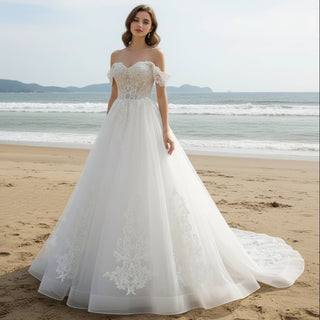 A-line Beaded Floral Lace Applique Wedding Dress with Off Shoulder Ivory / Custom Size