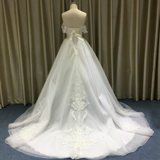 A-line Beaded Floral Lace Applique Wedding Dress with Off Shoulder - Rosymae