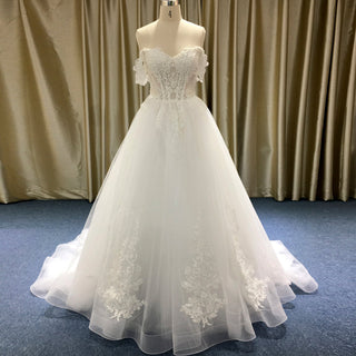 A-line Beaded Floral Lace Applique Wedding Dress with Off Shoulder - Rosymae