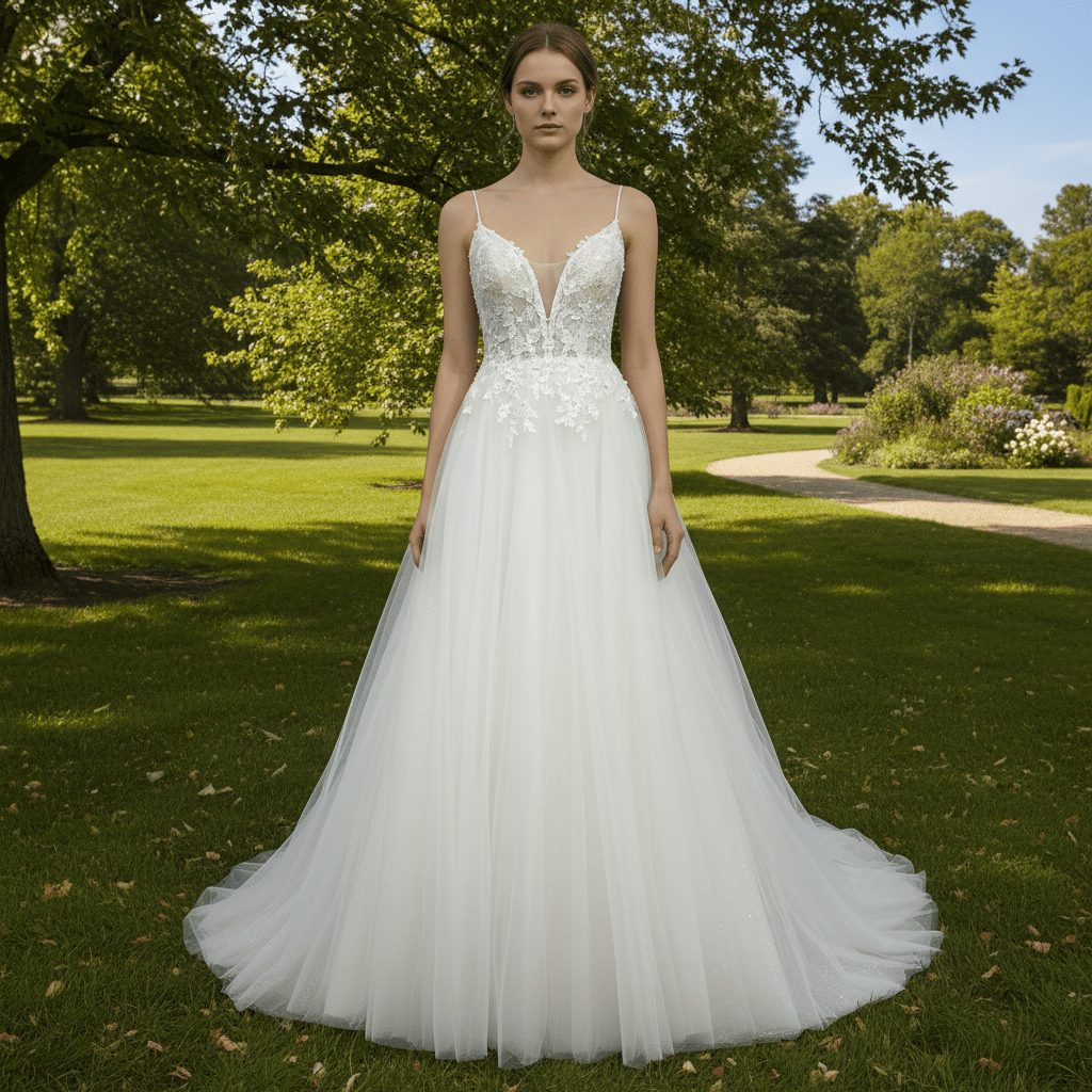 A Line Bling Tulle V Neck Wedding Dresses with Spaghetti Straps - Rosymae