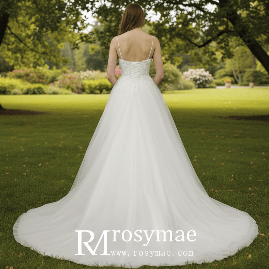 A Line Bling Tulle V Neck Wedding Dresses with Spaghetti Straps - Rosymae