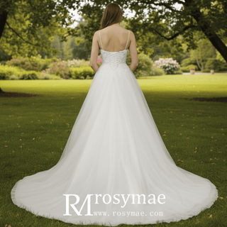 A Line Bling Tulle V Neck Wedding Dresses with Spaghetti Straps - Rosymae