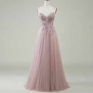 Classic Blush Sheer Bodice A-line Tulle Prom Dress with Spaghetti Straps