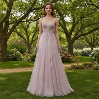 Classic Blush Sheer Bodice A-line Tulle Prom Dress with Spaghetti Straps
