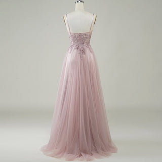 Classic Blush Sheer Bodice A-line Tulle Prom Dress with Spaghetti Straps