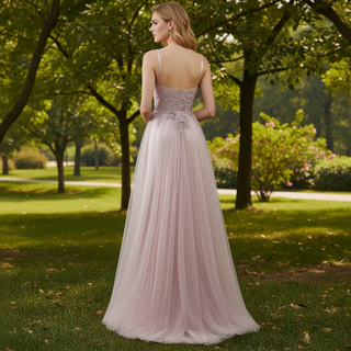 Classic Blush Sheer Bodice A-line Tulle Prom Dress with Spaghetti Straps