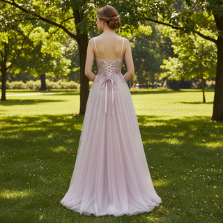 Classic Blush Sheer Bodice A-line Tulle Prom Dress with Spaghetti Straps