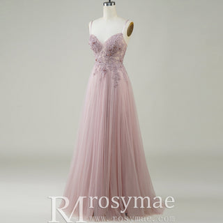 Classic Blush Sheer Bodice A-line Tulle Prom Dress with Spaghetti Straps